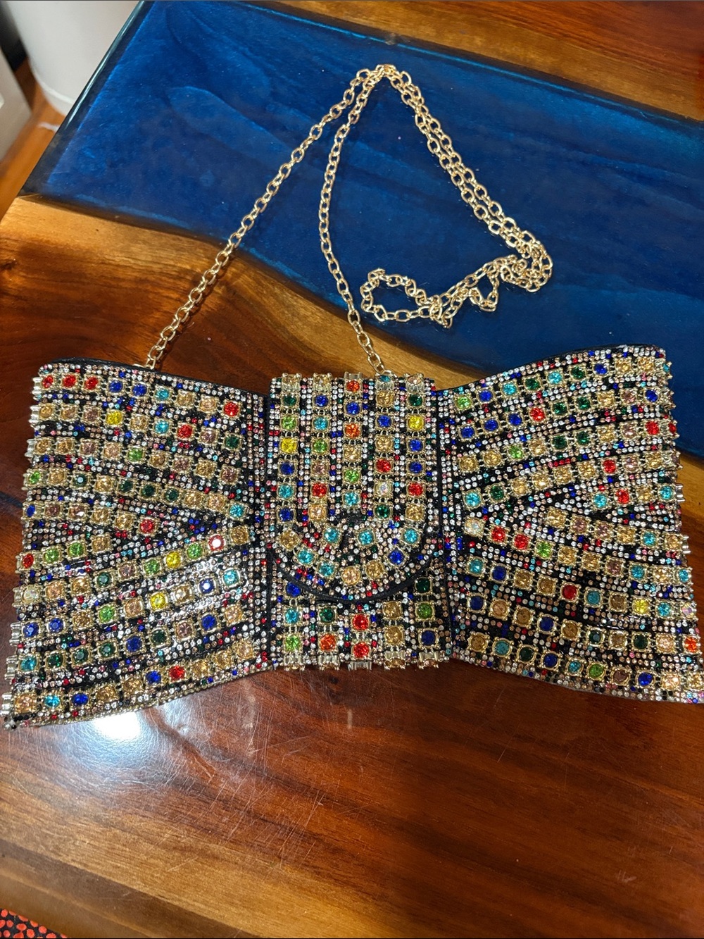 Crystal Multicolor Evening Clutch with Gold Chain